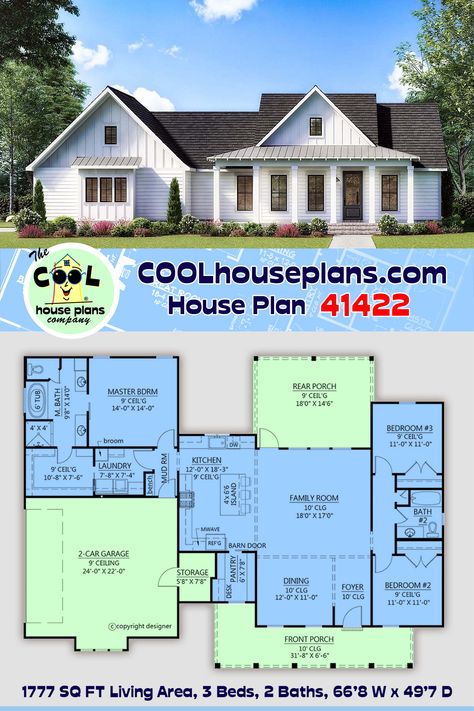 This country house plan with southern charm offers three bedrooms and two full baths in a home under 1800 square feet. This new house plan, by a popular home designer, is already getting lots of attention in our social media network. The master suite is larger than would be expected for a home of its size. The laundry room is close by and is accessible from both the large walk in master closet and the mudroom, off the kitchen. #country #countryhome #houseplans #farmhouse #homedesign #house Southern Style House, Southern Style House Plans, Kitchen Country, House Flippers, Southern House, Building Plans House, Farmhouse Style House Plans, 2 Car Garage, House Blueprints