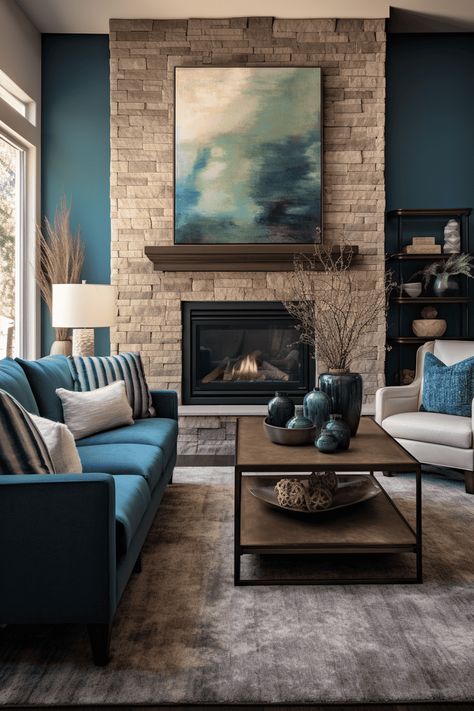 Family Room Paint Color Ideas: Stone Fireplace with Teal Accents Paint Colors That Go With Stone Fireplace, Blue And Green Living Room Color Scheme, Family Room Paint Color Ideas, Teal And Grey Living Room, Green Living Room Color Scheme, Teal Living Room, Painted Built Ins, Blue And Green Living Room, Amazing Gray