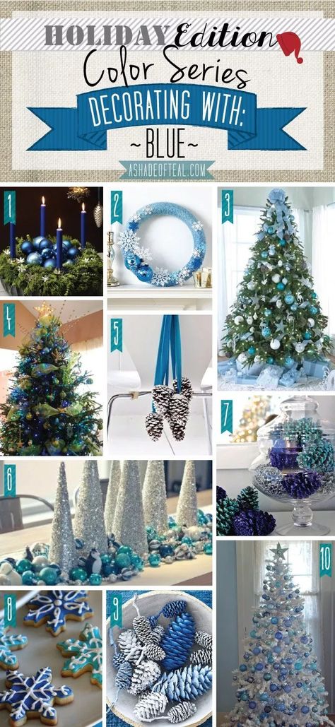 Teal And Blue Christmas Tree, Teal And Green Christmas Decor, Blue And Teal Christmas Decor, Teal Blue Christmas Decorations, Blue Theme Christmas Decor, Teal And Silver Christmas Decor, Blue Christmas Decorations Ideas, Blue Holiday Decor, Blue White Silver Christmas Decor