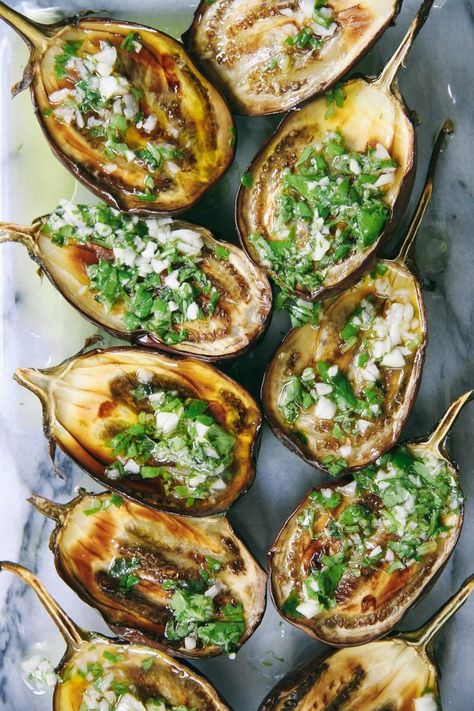 Lemon Garlic Roasted Eggplants over Labane | Mezes | I Will Not Eat Oysters Mini Eggplant, Vegetables Recipes, Roast Eggplant, Recipe Binder, Eggplant Recipes, Favourite Food, Sea Food, Veggie Dishes, Yummy Foods