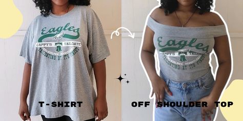 Sew along tutorial for how make an off shoulder top from a t shirt. No sewing pattern needed for this tutorial. #thriftflip #upcycledfashion #upcycling #recycledclothes T Shirt To Off The Shoulder Diy, How To Sew Off Shoulder Top, Sew Off Shoulder Top, Diy Off The Shoulder Shirt, Diy Off Shoulder Shirt, Off The Shoulder Top Diy, Cut T Shirt Neckline, Off Shoulder Diy, Upcycle Fashion Diy