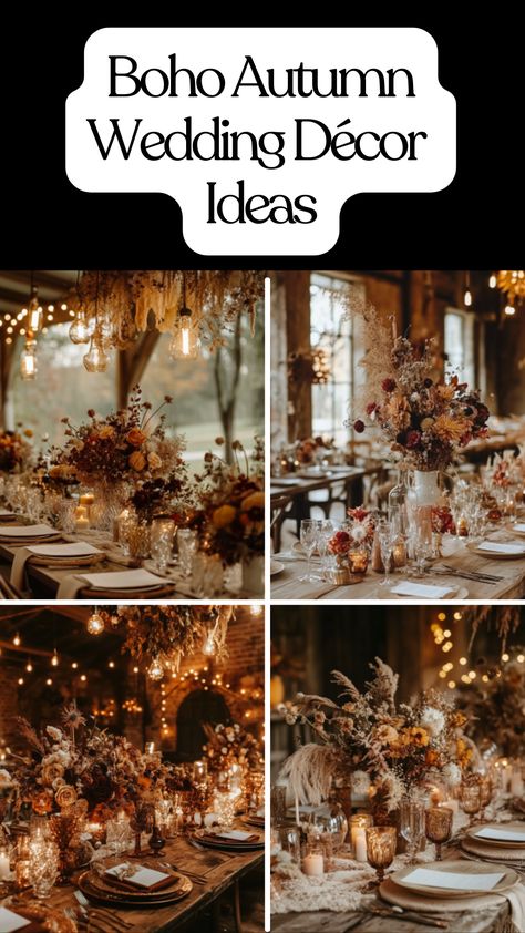 Boho autumn wedding decor with earthy tones, dried flowers, vintage accents, and warm lighting creating a cozy, rustic vibe for a fall celebration. Fall Boho Table Decor, November Wedding Ideas Decoration, Boho Mantle, Winter Boho Wedding, Boho Autumn Wedding, Fall Wedding Decor Ideas, Fall Wedding Arch, Fall Wedding Tablescapes, Mickey Wedding