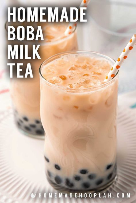 Homemade Boba Milk Tea! It's a breeze to make boba milk tea (also called bubble tea) at home with a simple recipe consisting of tea, milk, sweetener, and chewy black tapioca pearls. | HomemadeHooplah.com Homemade Boba, Diy Boba, Black Tapioca Pearls, Peanut Butter Recipes Easy, Bubble Tea At Home, Fun Party Drinks, Peanut Butter Dessert Recipes, Tea At Home, Boba Milk Tea