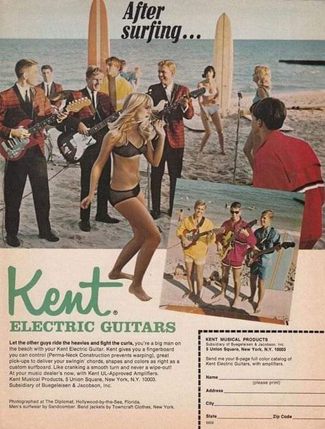 Music Advertisement, Surf Guitar, Retro Guitar, Surf Music, Surf Aesthetic, Custom Surfboards, Surfer Magazine, Guitar Girl, Garage Band