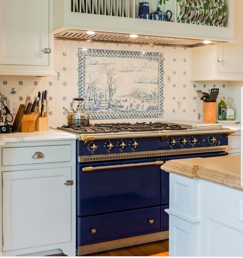 Blue And White Tile Kitchen Backsplash, Medditeranean Kitchen, Colonial Revival Kitchen, Blue And White Interior, Blue Tile Backsplash Kitchen, Aesthetic Manifestation, Cottage Kitchen Design, Backsplash Tiles, Furniture Office