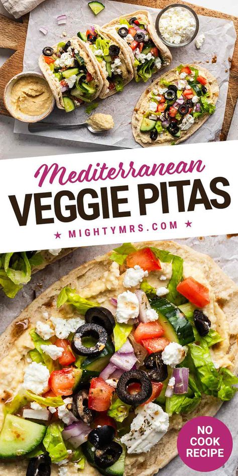 This no-cook, vegetarian recipe is inspired by the Greek Veggie Pita Wrap served at one of my favorite local lunch spots. These falvorful sandwiches are so good and are actually full of healthy veggies and protein too. Easy to make at home with hummus, pitas, cucumberm lettuce, tomato, feta cheese, red onion, olives and Greek dressing. No cooking required. Ready in just 10 minutes! A tasty little lunch or dinner. Must try! No Meat Wraps, Pitta Bread Fillings Vegetarian, Vegetarian Pita Recipes, Greek Wrap Vegetarian, Vegetarian Pita Pockets, Veggie Pita Sandwich Recipes, Lunches With Hummus, Vegetarian Pita Sandwich, Veggie Pita Pocket