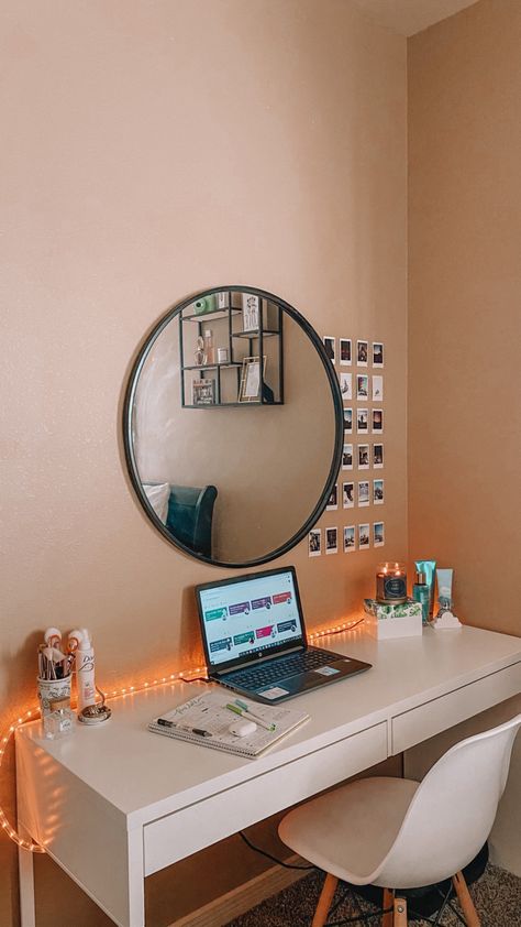 Mirror Above Desk Bedroom, Desk With Big Mirror, Desk With Mirror On Wall, Mirror Above Desk, Mirror On Desk, Desk Tour, Beige Room, Room Inspired, Small Room Design Bedroom