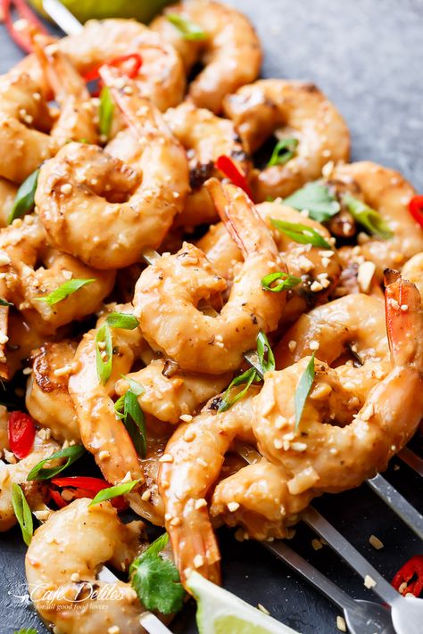 Satay Shrimp Skewers - Cafe Delites Shrimp Satay, Shrimp Skewer Recipes, Satay Recipe, Bruschetta Chicken Pasta, Spicy Appetizers, Satay Sauce, Cafe Delites, Shrimp Skewers, Prawn Recipes