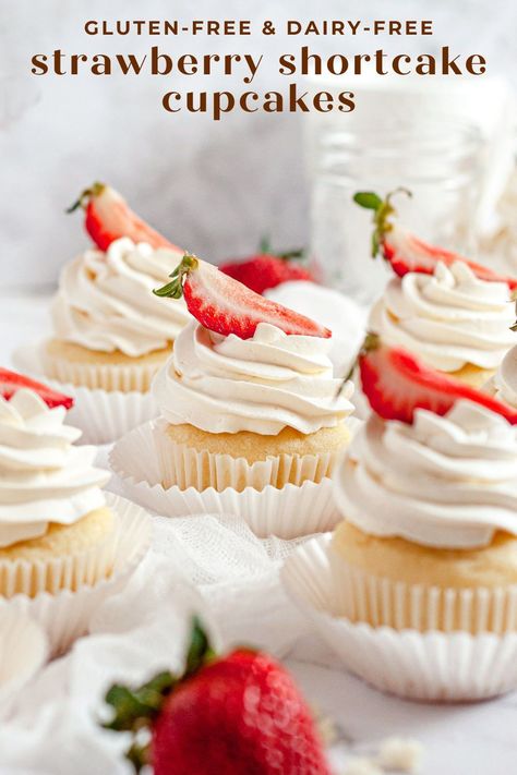 Get ready for summer BBQ season with these light and fluffy gluten-free and dairy-free strawberry shortcake cupcakes. A vanilla cupcake base packed with strawberry filling and topped with fresh whipped cream. Summer strawberry shortcake in cupcake form! Gluten Free Shortcake Recipe, Gluten Free Shortcake, Dessert Reception, Strawberry Shortcake Birthday Cake, Strawberry Shortcake Cupcakes, Vegan Strawberry Shortcake, Shortcake Cupcakes, Dairy Free Cupcakes, Strawberry Cupcake Recipes