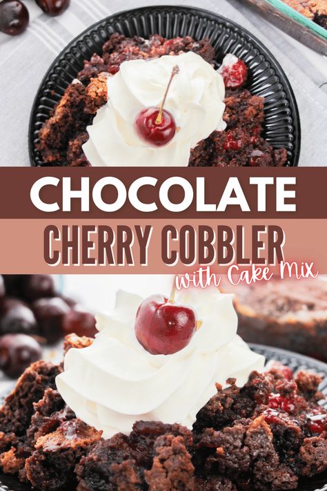 This Chocolate Cherry Cobbler is a dreamy, decadent dessert that appeals to everyone’s sweet tooth. It's also a dump and go easy recipe. #chocolatecherrycobbler #cherrycobbler #dumpandgorecipe #dessert Cake Mix Cherry Cobbler, Dutch Oven Cobbler, Cherry Recipes Dessert, Cherry Cobbler Recipe, Cherry Dump Cake, Chocolate Cobbler, Cobbler Easy, Dessert Cups Recipes, Dump Cakes