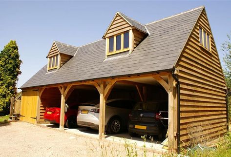 Oak Garage, Garage Business, Cottage House Interior, Flat Roof Extension, Room Above Garage, Oak Frame House, External Staircase, Oak Framed Buildings, Conservatory Roof