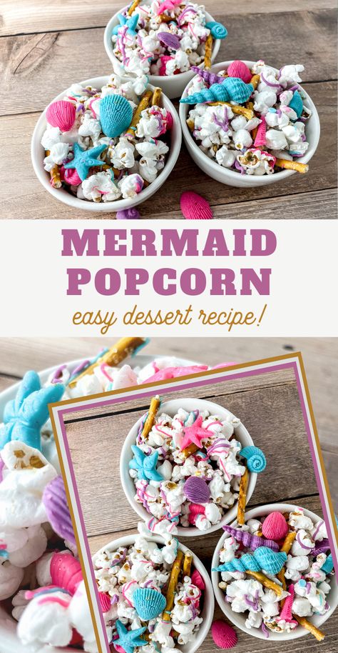 Everyone in the house will love this Little Mermaid Popcorn Recipe! It's the perfect way to add a fun snack to movie night! Mermaid Trail Mix Recipe, Mermaid Popcorn, Popcorn Dessert, Peanut Butter Popcorn, Trail Mix Recipes, Birthday Snacks, Homemade Popcorn, Slime Party, Concession Food