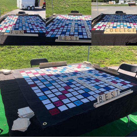 Life Size Scrabble Board Diy, Yard Scrabble, Giant Scrabble Board, Outdoor Scrabble, Giant Scrabble, Scrabble Diy, Life Size Games, Board Game Themes, Large Tiles