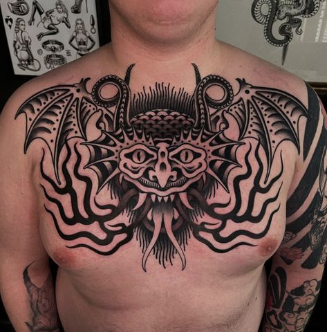 At @heavyblackttt Trad Chest Tattoo, American Traditional Chest Tattoo, Bat Chest Tattoo, Traditional Chest Tattoo, Traditional Chest, Bat Tattoo, Upper Arm Tattoos, Upper Arms, American Traditional