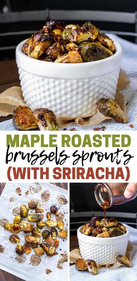 These maple roasted Brussels sprouts are baked in the oven and have the perfect combo of salty and caramelized flavor. Add sriracha for a spicy twist for the perfect side dish everyone will love! #vegansidedishes #veggiesides Maple Brussel Sprouts, Roasted Brussel Sprouts Oven, Baked Brussel Sprouts, Yum Drinks, Roasting Vegetables, Healthy Vegetable Recipes, Roasted Brussels Sprouts, Roasted Brussel, Vegan Side Dishes