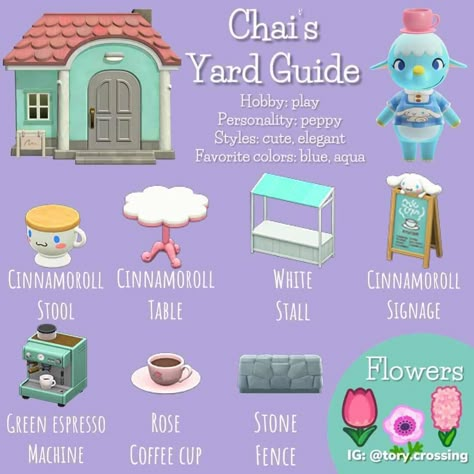 Julia 🌻 on Instagram: “Another yard guide that has been largely requested, Chai! Isn't she adorable? Credit to @tory.crossing…” Acnh Sanrio Villagers, Chai Acnh, Acnh Journal, Acnh Villager Yard, Acnh Yard Guide, Acnh Yard Ideas, Animal Crossing Yard, Animal Crossing Bewohner, Acnh Yard