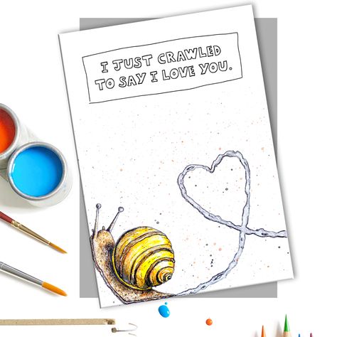 A snail illustration, showing a snail leaving a heart slime trail behind. Snail art valentines card. Angel Sayings, Snail Illustration, Snail Cards, Art Insects, Cards Fathers Day, Watercolour Animals, Valentines Puns, Cute Valentines Card, Cute Snail