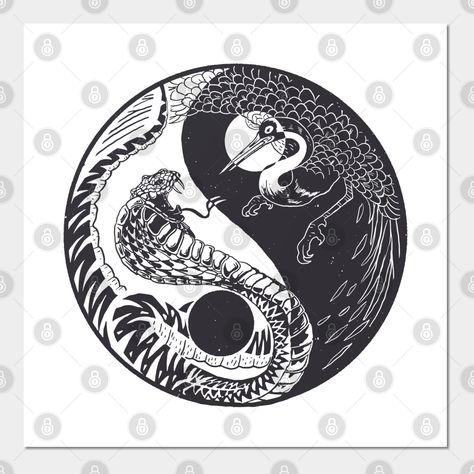 Design titled Crane Snake Ying Yang Bird Animals Gift. Ideal for all Japanese art fans. For all who love chinese culture, animals and nature. Birthday or Christmas Gift for men & women. -- Choose from our vast selection of art prints and posters to match with your desired size to make the perfect print or poster. Pick your favorite: Movies, TV Shows, Art, and so much more! Available in mini, small, medium, large, and extra-large depending on the design. For men, women, and children. Perfect Yin Yang Logo, Ying Yang Tattoo, Yin Yang Designs, Yin Yang Art, Crane Design, Fantasy Tattoos, Animal Symbolism, Yin And Yang, Ying Yang