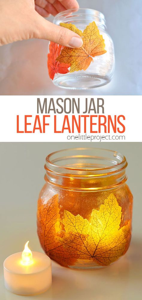 Easy Mason Jar Crafts Diy, Leaf Mason Jar Candle, Beautiful Lanterns, Fall Mason Jar Crafts, Easy Mason Jar Crafts, Leaf Lantern, Mason Jar Candle Holders, Herbst Bucket List, Fall Mason Jars