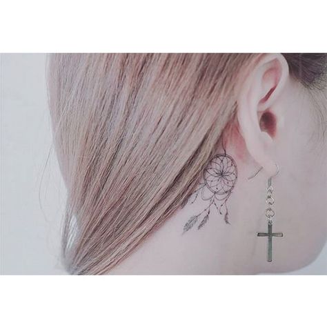 Tattoo uploaded by Xavier • Dreamcatcher behind-the-ear tattoo by Baam. #Baam #TattooerBaam #subtle #microtattoo #southkorean #fineline #dreamcatcher #behindtheear • 314491 • Tattoodo Feminine Tattoo Designs, Tattoo Ideas With Meaning, Behind The Ear Tattoo Ideas, Behind The Ear Tattoo, Tattoo Behind Ear, Ear Tattoo Ideas, Star Tattoo Designs, Dream Catcher Tattoo, Cross Tattoo Designs