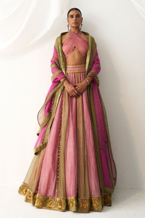 Shop for these amazing collections of Pink Tissue Embellished Colorblock Lehenga Set With Neck Blouse For Women by Itrh online at Aza Fashions. Olive Lehenga, Reka Bentuk Blaus, Indian Outfits Lehenga, Lehnga Dress, Pink Olive, Indian Dresses Traditional, Traditional Indian Outfits, Indian Bridal Outfits, Designer Party Wear Dresses