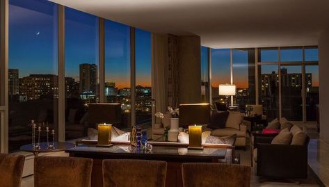 MDC Featured Designer- Art Harrison Interiors Living Room At Night, Design Center Showroom, Room At Night, Urban Living Room, Tile Layout, Plush Sofa, Skyline View, Designer Art, Floor To Ceiling Windows