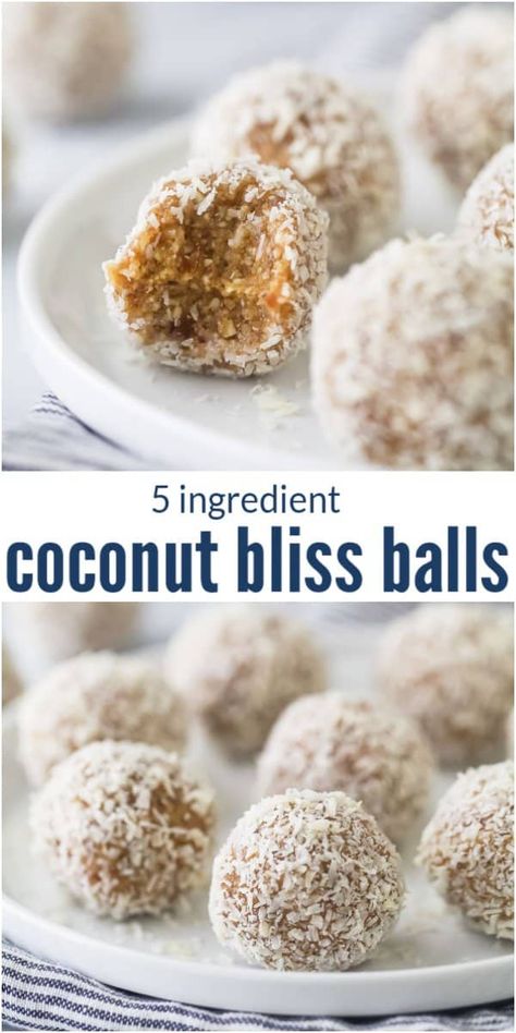 Easy 5 ingredient No-Bake Coconut Bliss Balls made with raw nuts, coconut and dates. Each bite has a boost of protein with sweet, nutty goodness sprinkled throughout. Perfect for breakfast, dessert or a workout snack -and super easy to meal prep! #proteinballs #energybites #energyballs #proteinbites #coconutballs #workoutsnack Raw Date Balls, Coconut Oil Protein Balls, Almond Balls Recipe, What To Do With Raw Coconut, Oat Bliss Balls, Almond Bliss Balls, Date Bliss Balls, Date Protein Balls Healthy, Whole 30 Date Balls