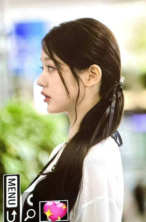 Wonyoung Side Profile, Wonyoung Hairstyle, Face Goals, Painted Mirror Art, Sleek Bun, Ive Wonyoung, Bow Hairstyle, Creative Instagram Photo Ideas, Side Profile