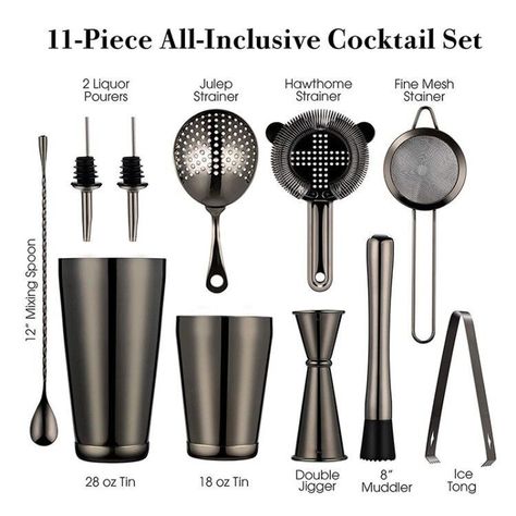 Whip up your favorite drinks with ease using this 11-piece Korbin Stainless Steel Bart Tools Set. Perfect for the aspiring at-home mixologist, it includes professional-grade bar tools so you can make perfect cocktails each and every time. Specifications Material: 304 stainless steel Colors: Silver, Black, Rose Gold, Gold Includes: (2) Liquor Pourers, Julep Strainer, Hawthorne Strainer, Fine Mesh Strainer, Mixing Spoon, Double Jigger, Muddler, Ice Tong, 28 oz Cup, 18 oz Cup, Cocktail Bar Set, Bartender Set, Shaker Bar, Boston Shaker, Mojito Recept, Bar Tool Set, Cocktail Shaker Set, Bar Spoon, Cocktails Bar