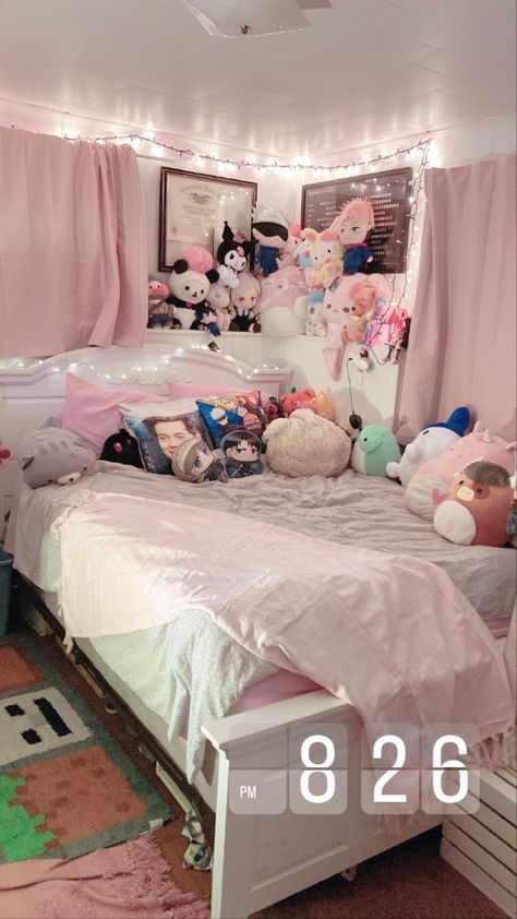 My room filled with plushies and other cute things! Aesthetic Bed With Plushies, Bed Full Of Plushies, Bedroom With Plushies, Room With Plushies, Pink Anime Room, Pink Kawaii Bedroom, Bed With Plushies, Plushies On Bed, Plushie Bed