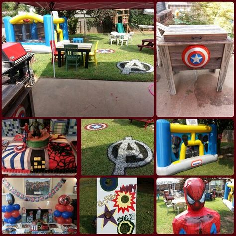 Marvel superheroes backyard birthday party. We had a lot of fun setting this up! Birthday At Park, Backyard Birthday Party, Vintage Superhero, Marvel Birthday, Superheroes Party, Marvel Birthday Party, Marvel Party, Backyard Birthday Parties, 5 Birthday