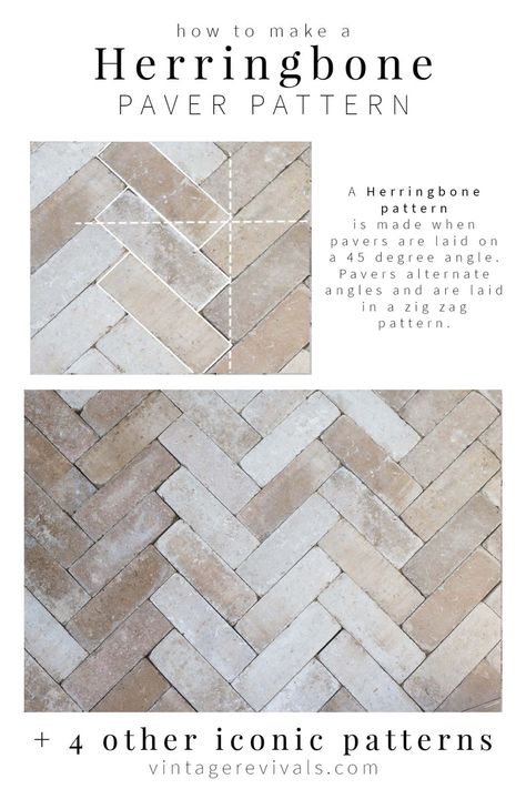 How to make a Herringbone Paver Pattern + 4 other MUST SEE options!! Light Colored Pavers, Herringbone Outdoor Patio, Herringbone Walkway To Front Door, Herringbone Pool Deck, Porch Tiles Entrance, Herringbone Brick Porch, Limestone Cottage, Herringbone Pavers, Outdoor Wood Tiles