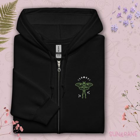 Luna Moth Embroidery Moth Jacket Embroidered Moth Hoodie Oversized Zip Up Hoodie Oversized Zip Hoodie Full Zip Up Full Zip Jacket Moon Phase by SunAndRane on Etsy Moth Jacket, Embroidery Moth, Zip Up Hoodie Oversized, Embroidered Moth, Moth Hoodie, Moth Embroidery, Mystical Aesthetic, Oversized Zip Up Hoodie, Hoodie Full Zip