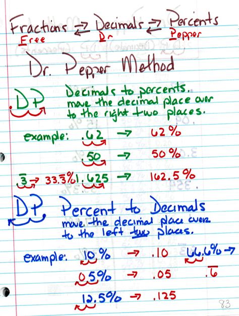 Cute! Dr. Pepper method of remembering how to convert from decimal to percent and from percent to decimal Converting Decimals To Percents, Decimal To Percent, Decimals To Percents, Math Techniques, Math Essentials, Homework Hacks, Algebra Help, Ged Math, Math Camp