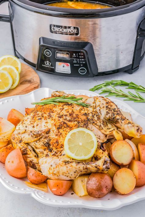 Crock-Pot Whole Chicken - 🍗🙌🏻😋 The EASIEST way to cook a whole chicken because your slow cooker does all the work for you! The chicken is lightly flavored with lemon, garlic and herbs, and turns out so moist, juicy, and tender! Potatoes cook alongside the chicken to create an effortless built-in side dish. Planned leftover chicken is always great to have on hand and if a recipe calls for shredded rotisserie chicken, use this instead! Crockpot Whole Chicken Recipes, Crockpot Whole Chicken, Cook A Whole Chicken, Shredded Rotisserie Chicken, Slow Cooker Turkey Breast, Roasted Chicken And Potatoes, Leftover Chicken Recipes, Easy Slow Cooker Chicken, Whole Chicken Recipes