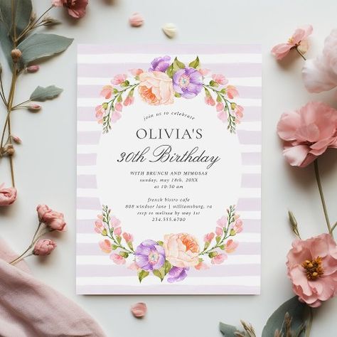 $2 | Lilac Stripe and Bloom Birthday Brunch Party - watercolor stripe background, blush pink floral, pink and purple flowers, affordable invitation printing, girly feminine invitations for her, boho watercolor botanical border, 30th birthday party invitations, girls weekend birthday brunch, champagne brunch birthday party, brunch and bubbly Long Distance Baby Shower Invitations, Easter Brunch Party, Bridal Luncheon Invitations, Bridesmaid Brunch, 30th Birthday Party Invitations, Virtual Baby Shower Invitation, Watercolor Frame, Text Edit, Confirmation Invitations