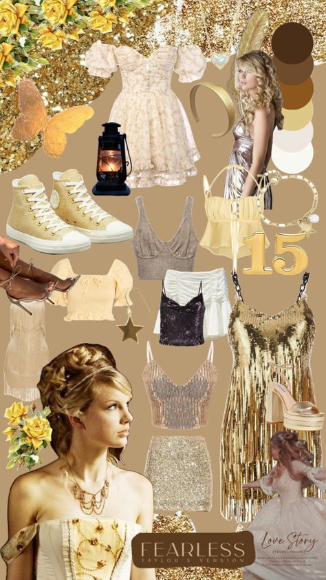 Fearless💛 #taylorswift #taylorsversion #taylornation #fearless #fearlesstaylorsversion #fearlesstv #erastour #erastourtaylorswift Fearless Taylors Version Outfits, Taylor Swift Fearless Themed Birthday Party, Taylor Swift Fearless Eras Tour Outfits, Eras Fearless Outfits, Fearless Aesthetic Outfits, Fearless Album Outfits, Fearless Eras Outfit, Fearless Taylor Swift Aesthetic Outfits, Fearless Birthday Party