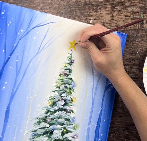 How To Paint A Christmas Tree On Canvas, How To Paint A Christmas Tree, Easy Christmas Tree Painting, Christmas Tree Painting Ideas, Snowy Forest Background, Christmas Tree On Canvas, Paint A Christmas Tree, Pine Tree Drawing, Nature Documentary