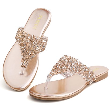 PRICES MAY VARY. 【Fashion Design】These women's flat sandals are perfect for summer with their Shiny Sequin ornaments, the classic T-strap and low heel flat design make them comfortable and charming 【Quality Materials】We have reinforced the rhinestone bonding for durability and ensured a comfortable feeling for foot with a soft sole 【Non-Slip Rubber Sole】The sole of these women's sandals is crafted from rubber, ensuring excellent wear resistance and long-lasting durability 【Flexible & Ea Sandals Heels Wedding Indian, Indian Sandals Flats, Sandals Diy, Diamond Sandals, Indian Sandals, Sequin Ornaments, Low Heel Flats, Diy Sandals, Glitter Sandals