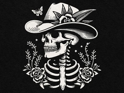 Spooky Cowboy Aesthetic, Western Gothic Tattoo, Goth Country Aesthetic, Cowboy Traditional Tattoo, Skeleton Cowboy Art, Traditional Skeleton Tattoo, Gothic Western Aesthetic, Western Flash Tattoo, Western Flash