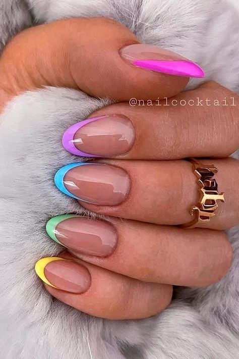 Rainbow French Manicure, Rainbow French Tips, Rainbow French Tip Nails, Rainbow French, Almond Gel Nails, 2024 Nails, Gel Nail Art Designs, Ombre Nail Designs, Nail Designs Spring