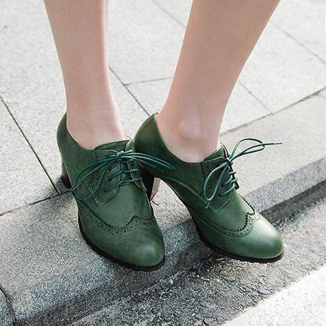 Block Heel Wingtip Oxford Shoes | Oxfords | Green Heeled Brogues, Oxford Brogues, Boots For Short Women, Oxford Heels, Womens Pumps, Brogue Shoes, Thick Heel, Women Oxford Shoes, Green Shoes