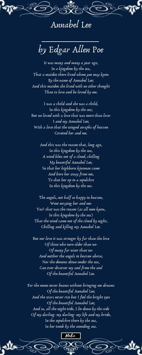 Annabel Lee by Edgar Allen Poe Edgar Allen Poe Quotes Annabel Lee, Annabel Lee Edgar Allan Poe, Edgar Allan Poe Poems Love, Edgar Allen Poe Background, Edgar Allen Poe Poems Love Poetry, Annabel Lee Tattoo, Edger Allen Poe Tattoo, Annabel Lee Aesthetic, Annabelle Lee Poem