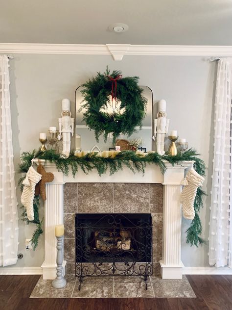 Nutcracker Christmas Mantle, Ribbon Fireplace, Nutcracker Stocking, Stocking Garland, Mantle Candles, Fireplace Mantle Decor, Christmas Fireplace Decor, Christmas Mantle, Fireplace Mantle