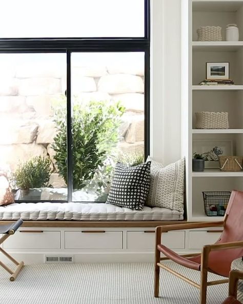 Tenniswood Inspiration — More inspiration at tenniswood.co.uk Contemporary Window Seat, Narrow Window Seat, Low Bench Under Window, Window Seat Ideas Living Room, Window Storage Bench, Snug Ideas, Bay Window Design, Window Seat Design, Contemporary Windows