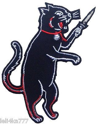 Cat With Knife, Rockabilly Tattoo, Knife Tattoo, Biker Patches, Coupon Spreadsheet, Goth Punk, Cat Tattoo, Embroidered Patch, Catwoman