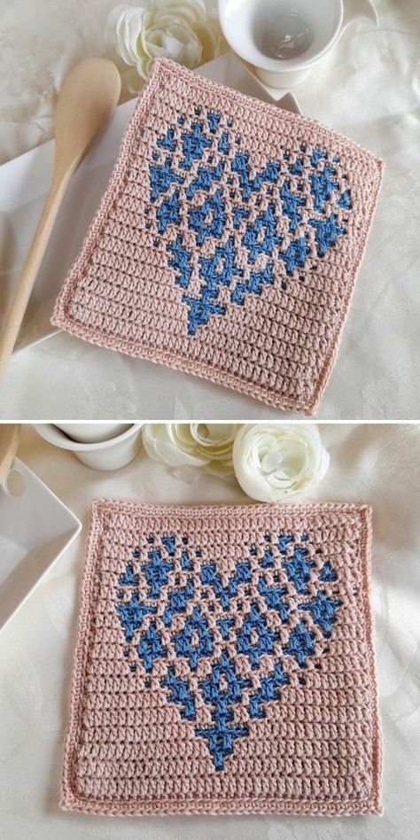 Mosaic Crochet Blanket Patterns, Heart Dishcloth, Brioche Crochet, Mosaic Crochet Blanket, Free Heart Crochet Pattern, Interlocking Crochet, Overlay Crochet, Easy Patterns, Crochet Heart Pattern