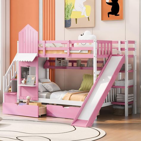 PRICES MAY VARY. 🐰 [Castle Style Bunk Bed] - We offer two different color schemes. Which you can chose most suitable color matching your bedroom design.With unique design bed create a fun and adorable space that not only serves as a comfortable sleeping area but also double as a space for you to study and work. 🐰 [Bunk Bed with Space Storage] - The storage shelves attached to the bunk bed and two storage drawers beneath the bottom bed can be used to be a spacious space. It is the perfect place Wood Bunk Bed, Solid Wood Bunk Beds, Whimsical Bedroom, Bunk Bed With Slide, Bed Color, Bunk Beds With Drawers, Wood Bunk Beds, Bunk Beds With Stairs, Bunk Beds With Storage