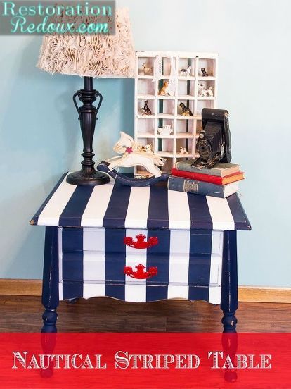 nautical striped table, home decor, painted furniture Blue Side Table, Nautical Furniture, Side Table Makeover, Striped Table, Table Makeover, Nautical Home, Hand Painted Furniture, Paint Furniture, Redo Furniture