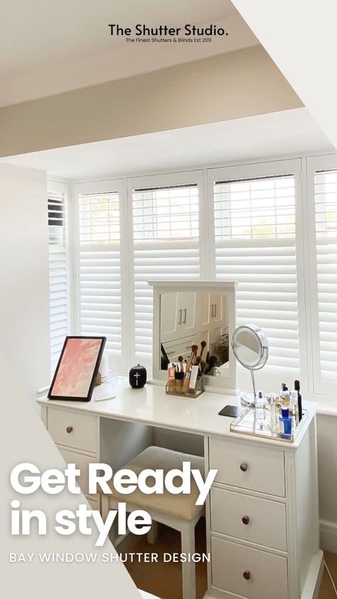 Bay Window Vanity, Bay Window With Shutters, Window Vanity, Shutters For Bay Windows, Vanity Desk Ideas, Half Shutters Bay Window, Wooden Shutters Bay Window, Bay Window Installation, Solid Shutters Bay Window